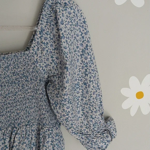 Madewell Lucie Elbow-Sleeve Smocked Midi Dress In Sunflower Field Ocean Blue - Picture 11 of 15